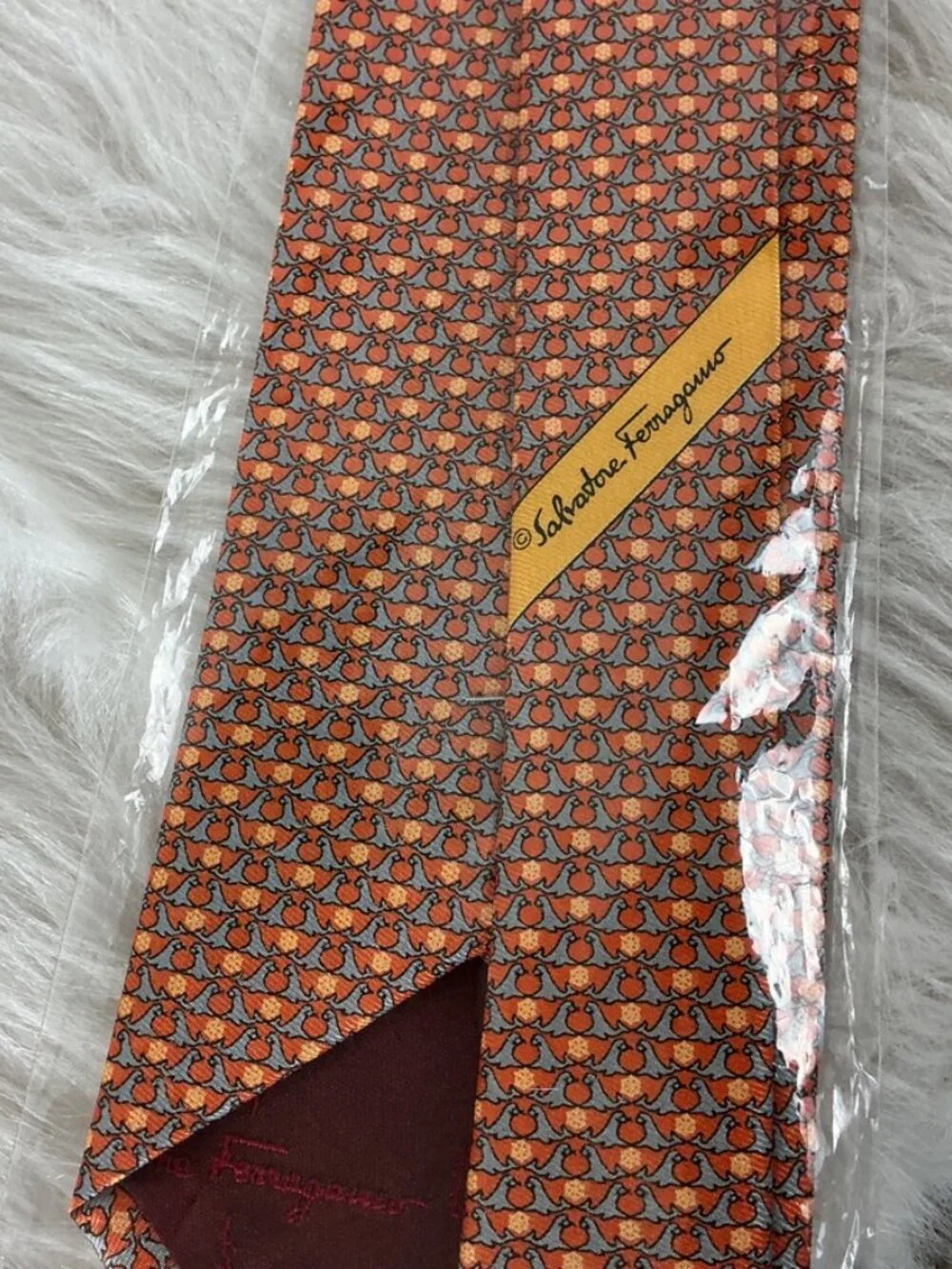 Salvatore Ferragamo Gray, Orange, Yellow, Seal Print Silk Tie NWOT